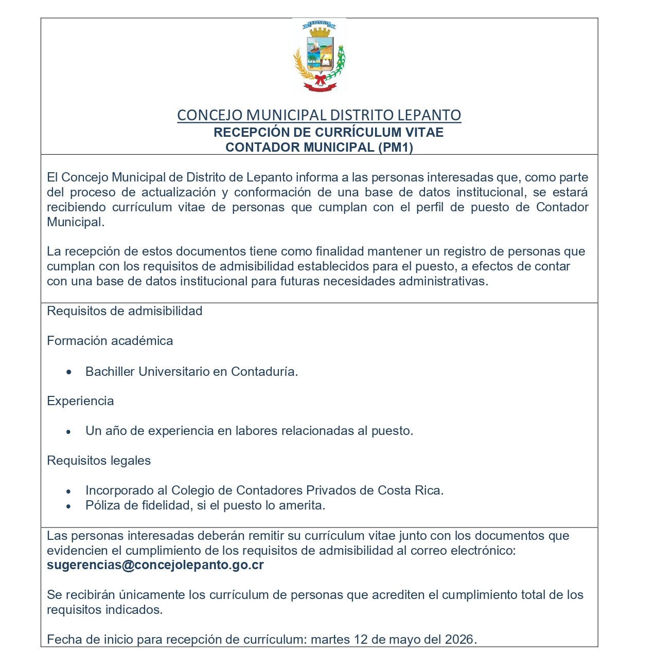 RECEPCIÓN DE CURRÍCULUM VITAE